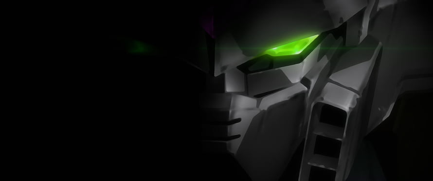 Gundam Mecha Head Close-Up with Glowing Green Eyes in Dark Sci-Fi Setting HD wallpaper