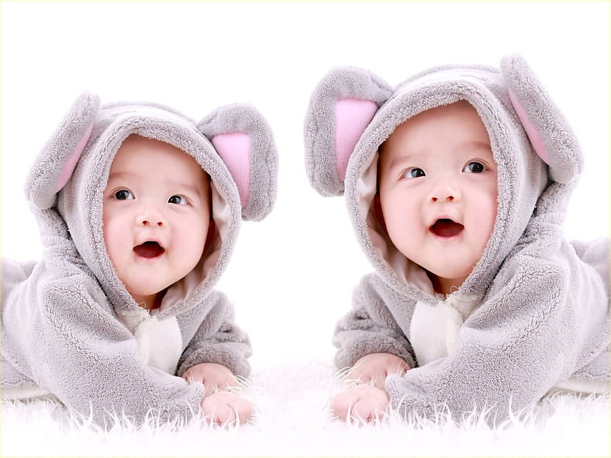 Adorable Twin Babies in Grey Elephant Hooded Outfits Lying on White Fluffy Blanket HD wallpaper