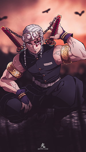 Tengen Uzui Demon Slayer Anime Character Artwork with Dual Katana Swords HD phone wallpaper