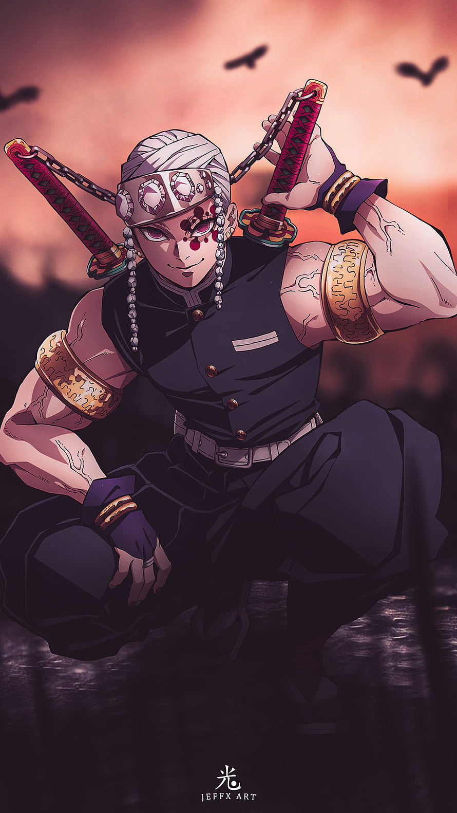 Tengen Uzui Demon Slayer Anime Character Artwork with Dual Katana Swords HD phone wallpaper