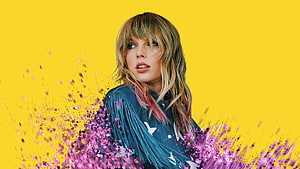 Taylor Swift Lover Era Portrait with Pink Glitter Explosion on Vibrant Yellow Background HD wallpaper
