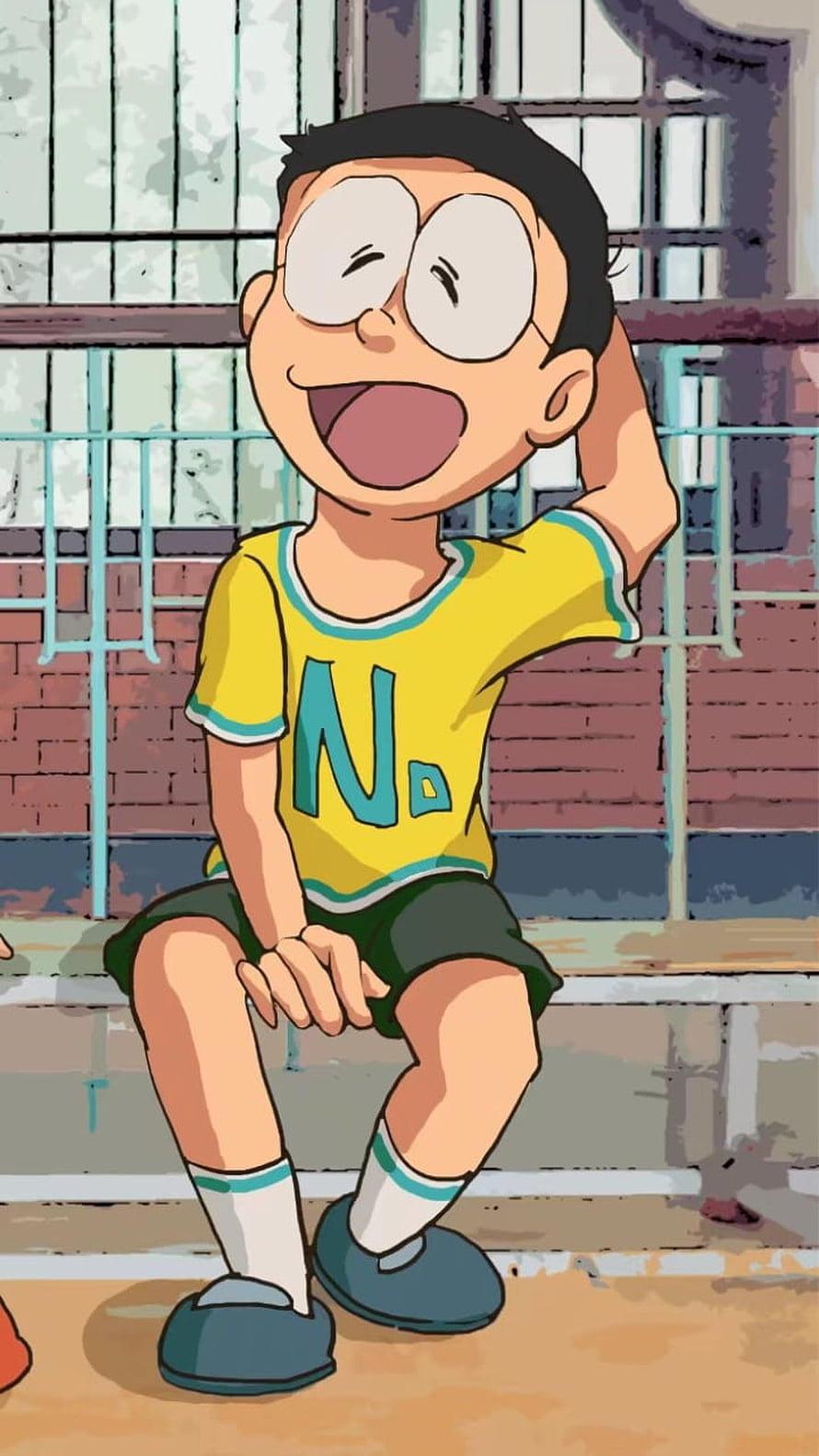 Nobita Nobi from Doraemon sitting happily in yellow shirt and green shorts anime style HD phone wallpaper
