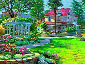 Vibrant Impressionist Painting of a Suburban Garden with Gazebo and Red-Roofed House HD wallpaper