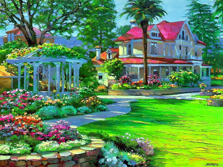 Vibrant Impressionist Painting of a Suburban Garden with Gazebo and Red-Roofed House HD wallpaper