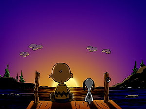 Charlie Brown and Snoopy Sitting on a Dock Watching a Vibrant Sunset Over the Water HD wallpaper