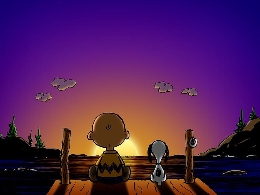 Charlie Brown and Snoopy Sitting on a Dock Watching a Vibrant Sunset Over the Water HD wallpaper