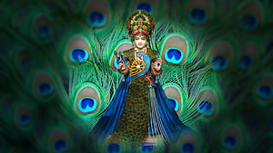 Swaminarayan Bhagwan in ornate peacock feather attire with radiant blue and green backdrop HD wallpaper