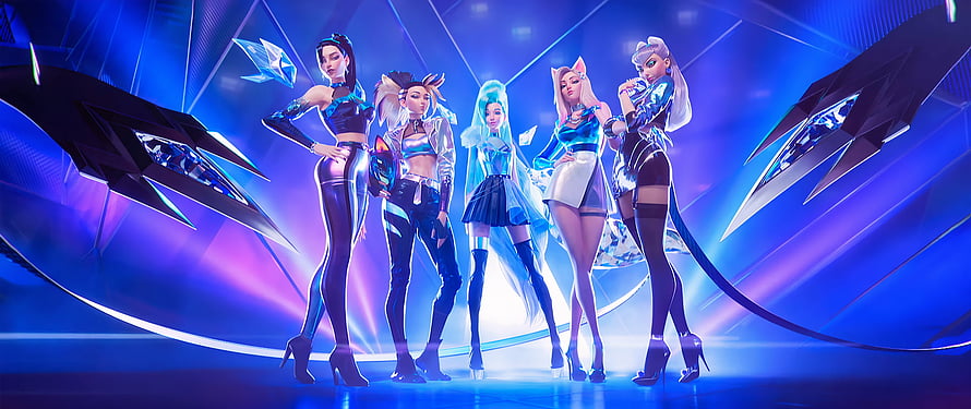 KDA All Out virtual pop group performing on a futuristic neon stage in League of Legends HD wallpaper