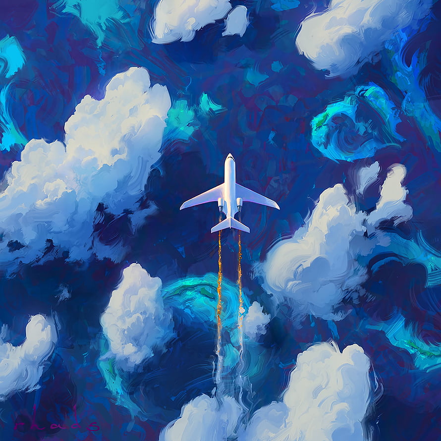 Expressive Digital Painting of an Airplane Ascending Through Vivid Blue Clouds HD phone wallpaper