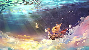 One Piece Going Merry sailing through a dreamy sea of clouds with a small figure floating in the light HD wallpaper