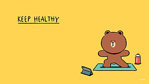 Brown Bear Doing Yoga on a Mat with Tablet and Water Bottle on Yellow Background HD wallpaper