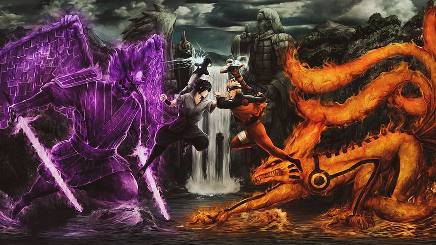 Naruto and Sasuke Battle with Kurama and Susano'o at the Valley of the End HD wallpaper