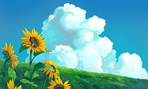 Vibrant Sunflowers Blooming on a Green Hill Under a Blue Sky with Fluffy Clouds HD wallpaper