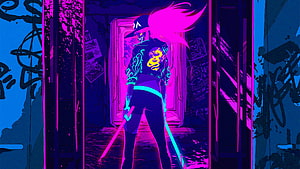 Cyberpunk Anime Girl with Neon Pink Hair and Glowing Katana in Urban Alley HD wallpaper