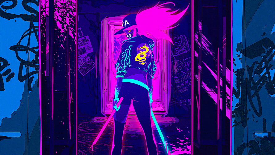 Cyberpunk Anime Girl with Neon Pink Hair and Glowing Katana in Urban Alley HD wallpaper