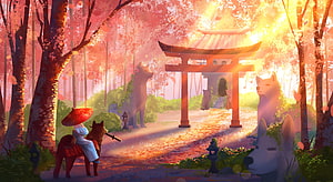 Shiba Inu and Rider at a Glowing Japanese Torii Gate in a Cherry Blossom Forest HD wallpaper