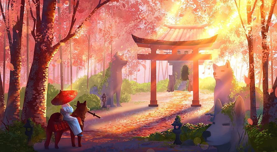 Shiba Inu and Rider at a Glowing Japanese Torii Gate in a Cherry Blossom Forest HD wallpaper