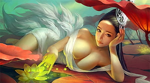 Fantasy Woman Reclining on Lotus Leaves with Glowing Flower and Flowing White Hair, Green Lotus, art, green light, busty, beautiful, girl, woman, witch, digital, fantasy HD wallpaper