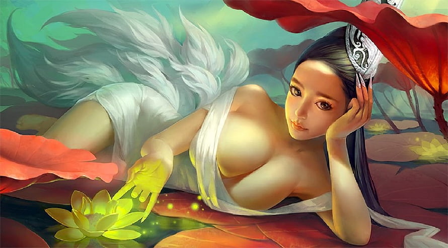 Fantasy Woman Reclining on Lotus Leaves with Glowing Flower and Flowing White Hair, Green Lotus, art, green light, busty, beautiful, girl, woman, witch, digital, fantasy HD wallpaper