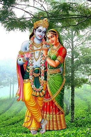 Radha Krishna Playing Flute in a Misty Forest with Traditional Attire HD phone wallpaper