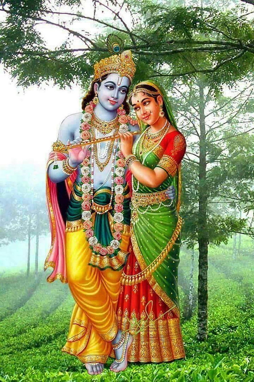 Radha Krishna Playing Flute in a Misty Forest with Traditional Attire HD phone wallpaper