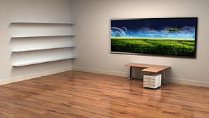 Modern Minimalist Office Interior With Floating Shelves And Wall-Mounted Display HD wallpaper