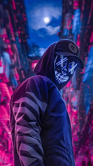 Cyberpunk Figure in Hoodie Wearing Glowing LED Mask in Neon City Night HD phone wallpaper