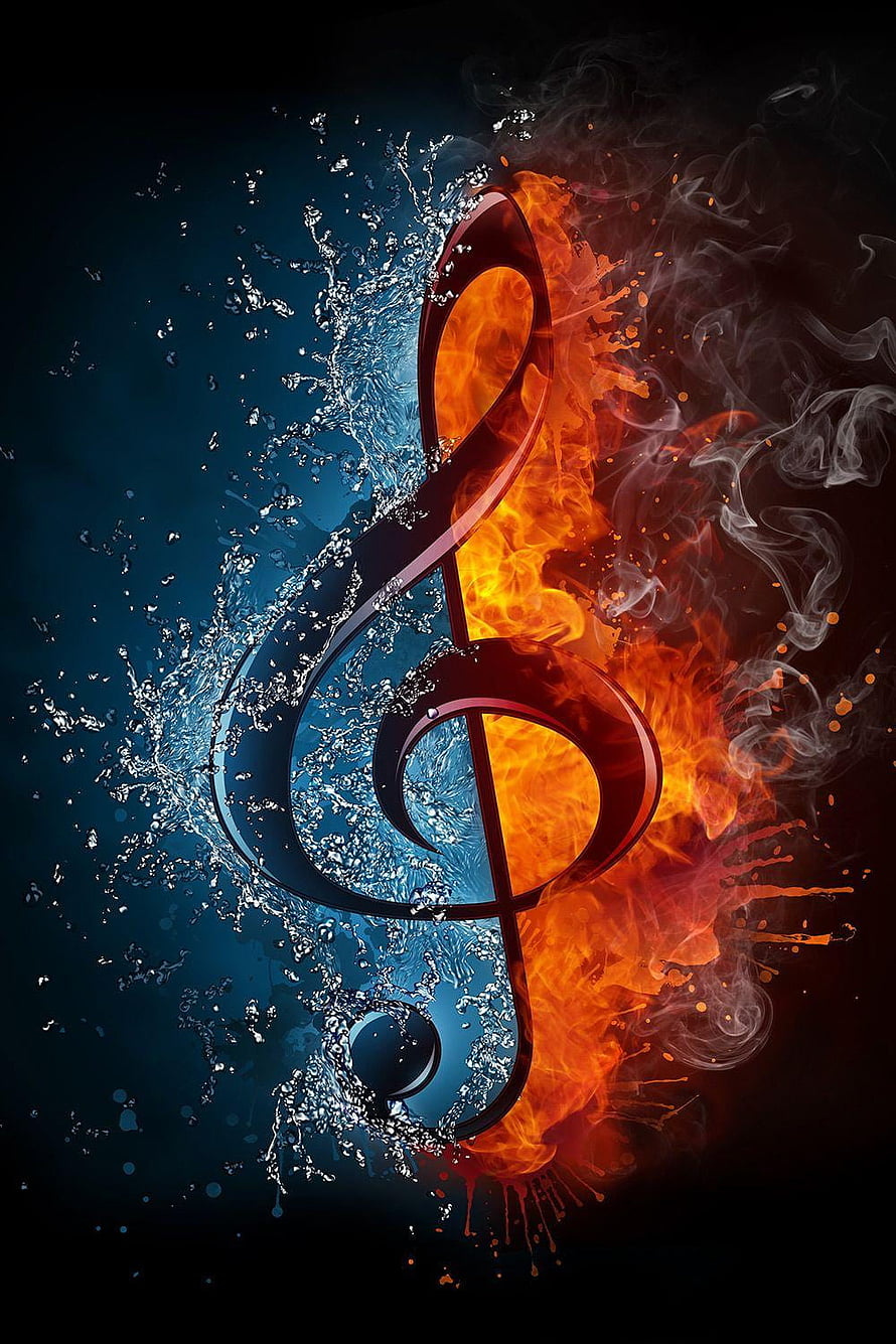 Dramatic Treble Clef Split by Fire and Water Elements on Dark Background HD phone wallpaper