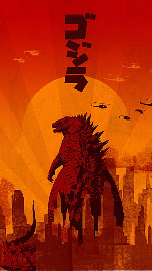 Godzilla Rising Over a Destroyed City in Dramatic Red and Orange Tones HD phone wallpaper