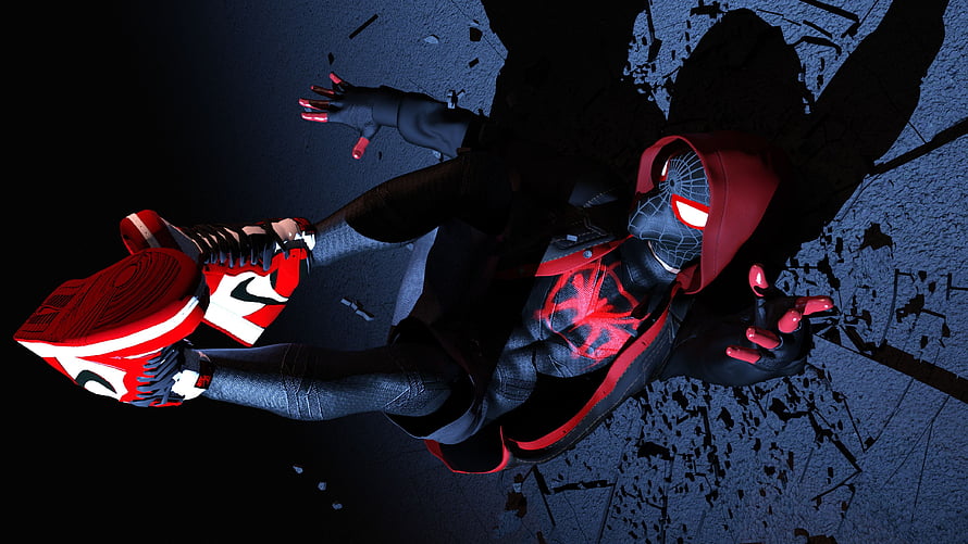 Miles Morales Spider-Man in Red Hoodie and Nike Sneakers on Dark Shattered Ground, Spiderman Miles Morales iPad Air, Spider-Man Miles HD wallpaper