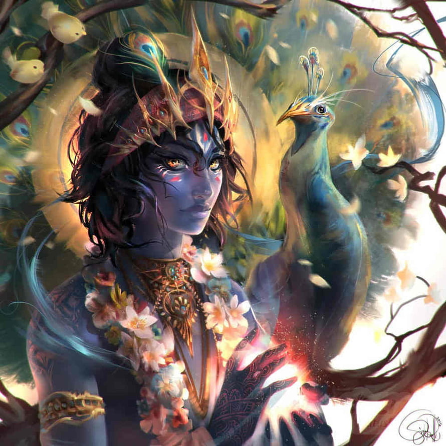 Lord Krishna Fantasy Portrait with Peacock and Floral Garland in Ethereal Forest HD phone wallpaper