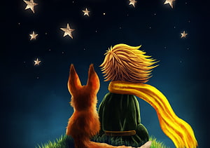 The Little Prince and the Fox Sitting Together Under a Starry Night Sky HD wallpaper