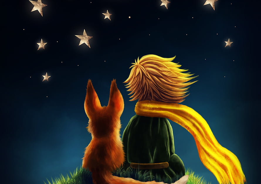 The Little Prince and the Fox Sitting Together Under a Starry Night Sky HD wallpaper