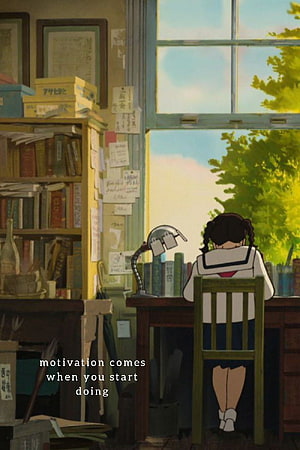 Anime Girl Studying at Desk in Cozy Room with Bookshelves and Window View HD phone wallpaper