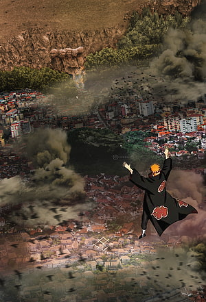 Pain from Naruto leaping over a city with Mount Rushmore in the background HD phone wallpaper