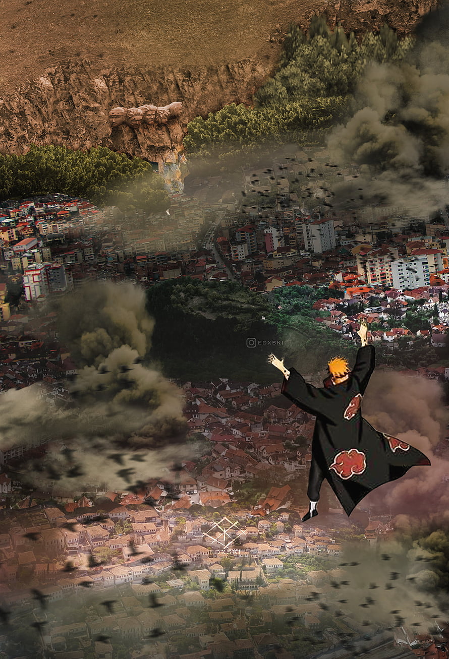 Pain from Naruto leaping over a city with Mount Rushmore in the background HD phone wallpaper