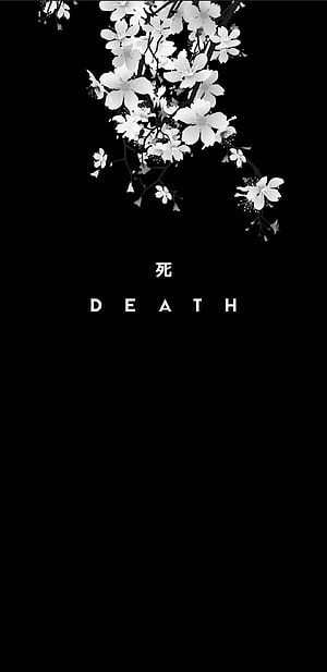 Minimalist Black and White Cherry Blossom Branch with Death Text HD phone wallpaper
