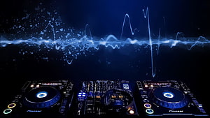 Pioneer DJ Setup with Glowing Blue Audio Waveform on Dark Background HD wallpaper