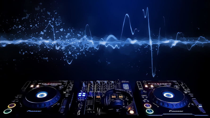 Pioneer DJ Setup with Glowing Blue Audio Waveform on Dark Background HD wallpaper