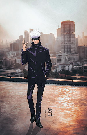 Gojo Satoru from Jujutsu Kaisen standing on a rooftop overlooking a city skyline at sunset HD phone wallpaper