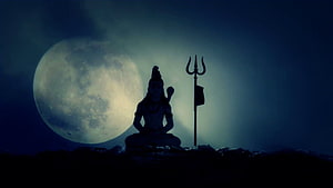 Silhouette of Lord Shiva Meditating with Trishul Under Giant Full Moon HD wallpaper
