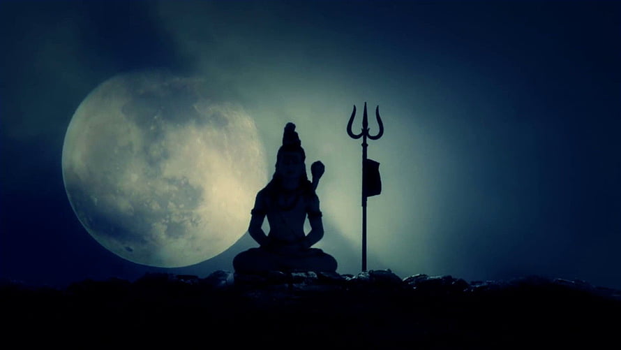 Silhouette of Lord Shiva Meditating with Trishul Under Giant Full Moon HD wallpaper