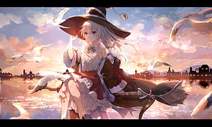 Anime Witch Girl Riding Broomstick Over Water At Sunset With Flying Seagulls HD wallpaper