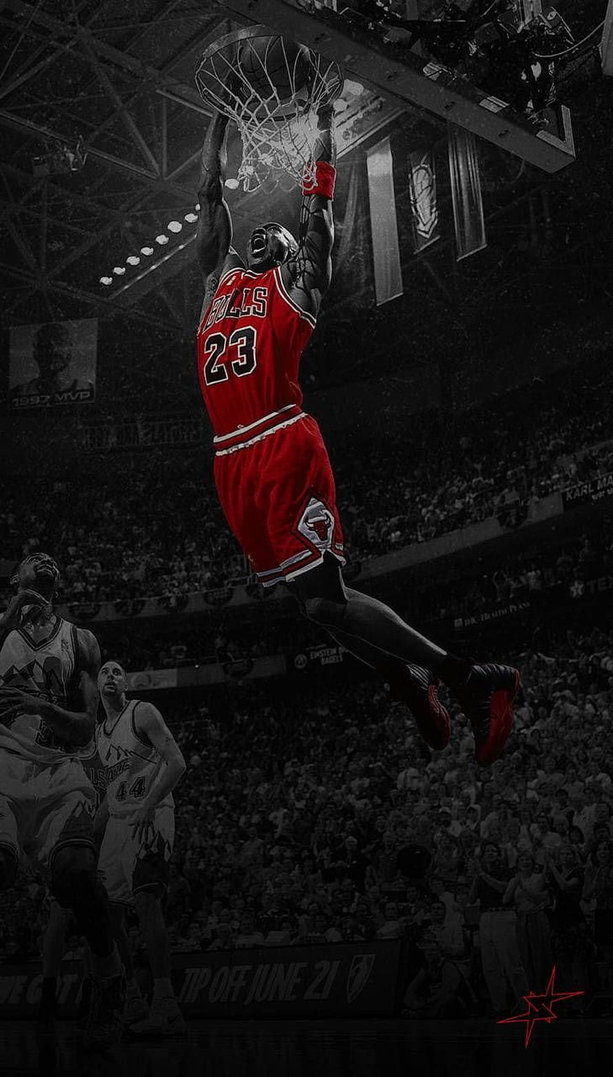 Michael Jordan Chicago Bulls Slam Dunk Action Shot in Red Jersey HD phone wallpaper