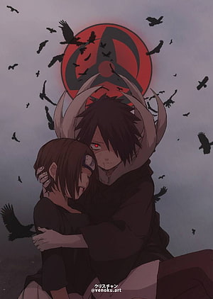 Obito and Rin Embrace Under the Akatsuki Symbol with Crows in Naruto Shippuden HD phone wallpaper