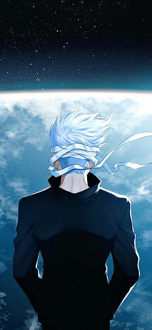 Gojo Satoru from Jujutsu Kaisen standing with back turned, blindfolded, white hair, starry sky background HD phone wallpaper