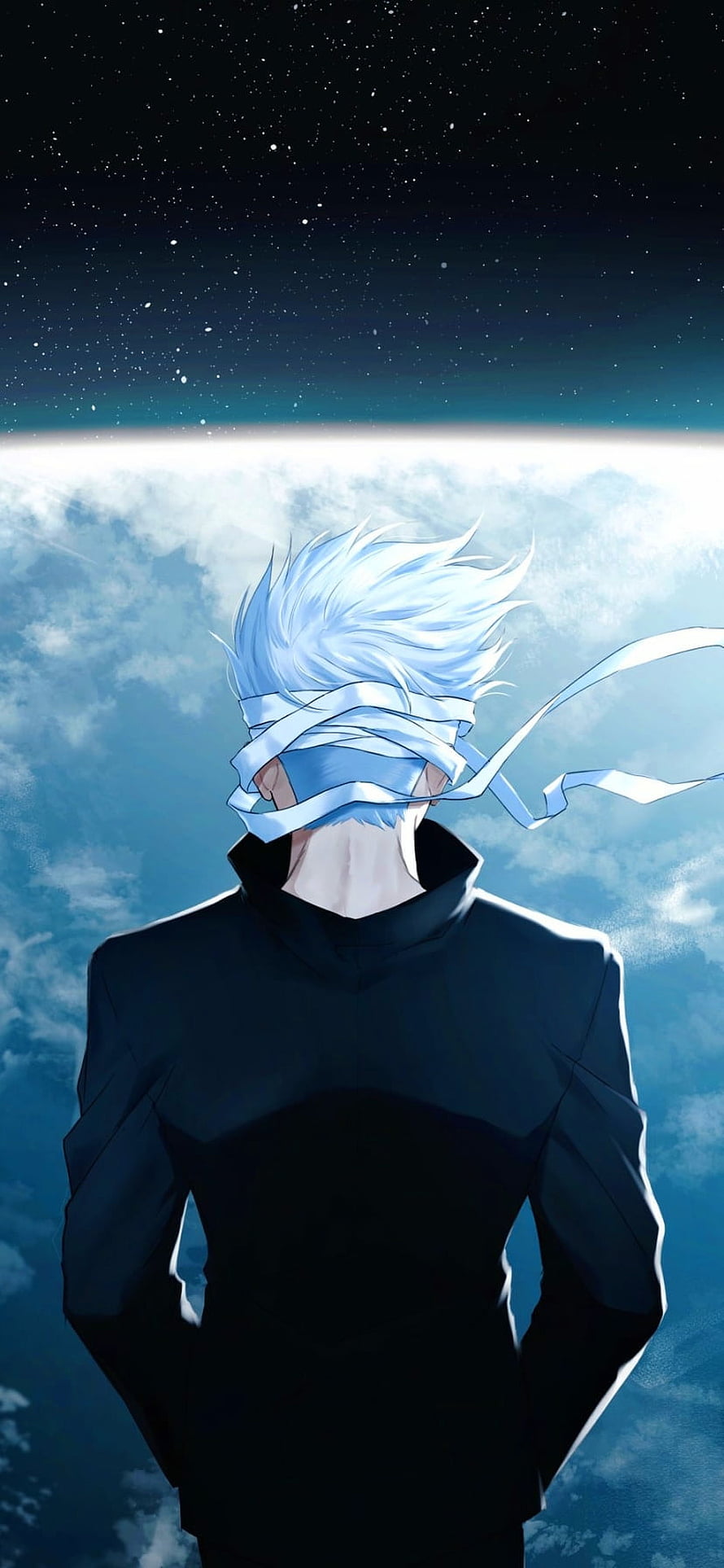 Gojo Satoru from Jujutsu Kaisen standing with back turned, blindfolded, white hair, starry sky background HD phone wallpaper