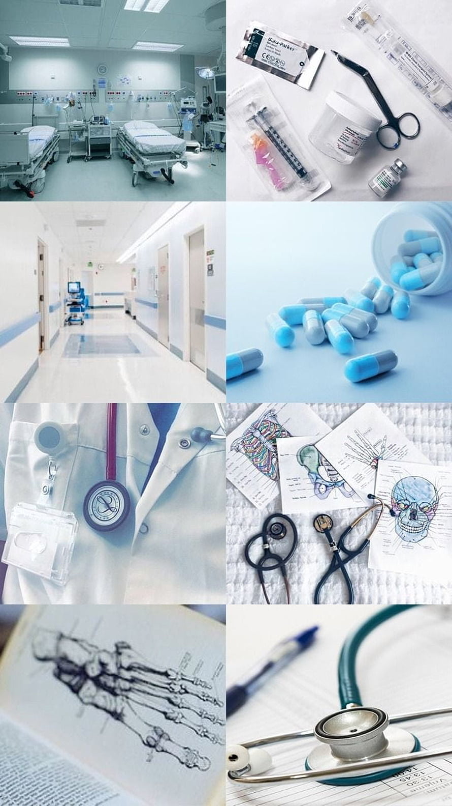 Medical Aesthetic Collage Featuring Hospital Rooms, Surgical Tools, and Anatomy Charts HD phone wallpaper