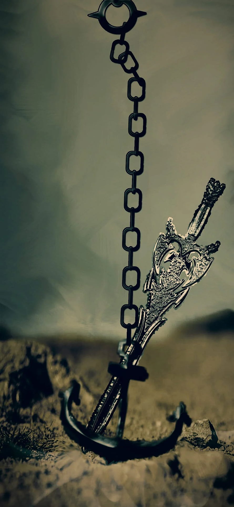Ornate Fantasy Sword Embedded in Ground with Hanging Chain HD phone wallpaper