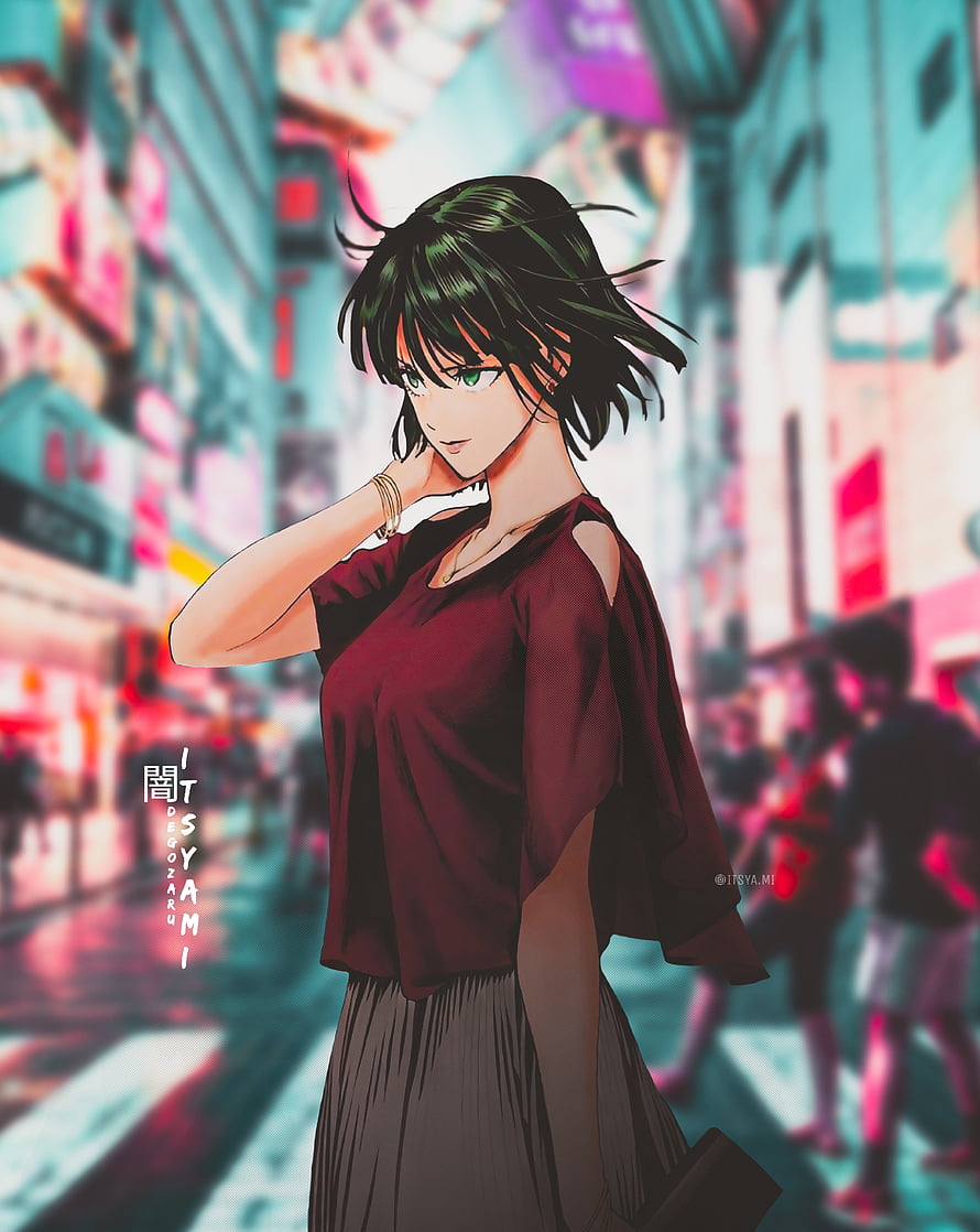 Tatsumaki from One Punch Man in a Neon-Lit City Street, Fubuki, one punch man, cool, saitama, opm, Android, genos, eye, fashion design, tatsumaki, waifu, shonen, anime HD phone wallpaper